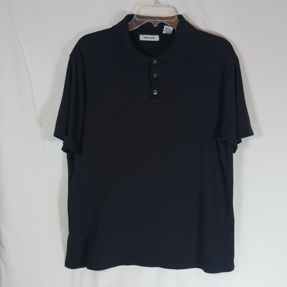 Pierre Cardin Polo Shirt Mens Large Black Excellent Ribbed Short Sleeve Top